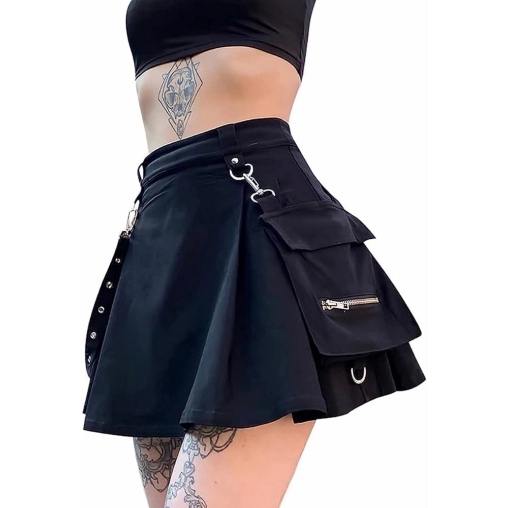NEW Gothic Black Pleated Chain High Waisted Tennis Mini Skirt 2X